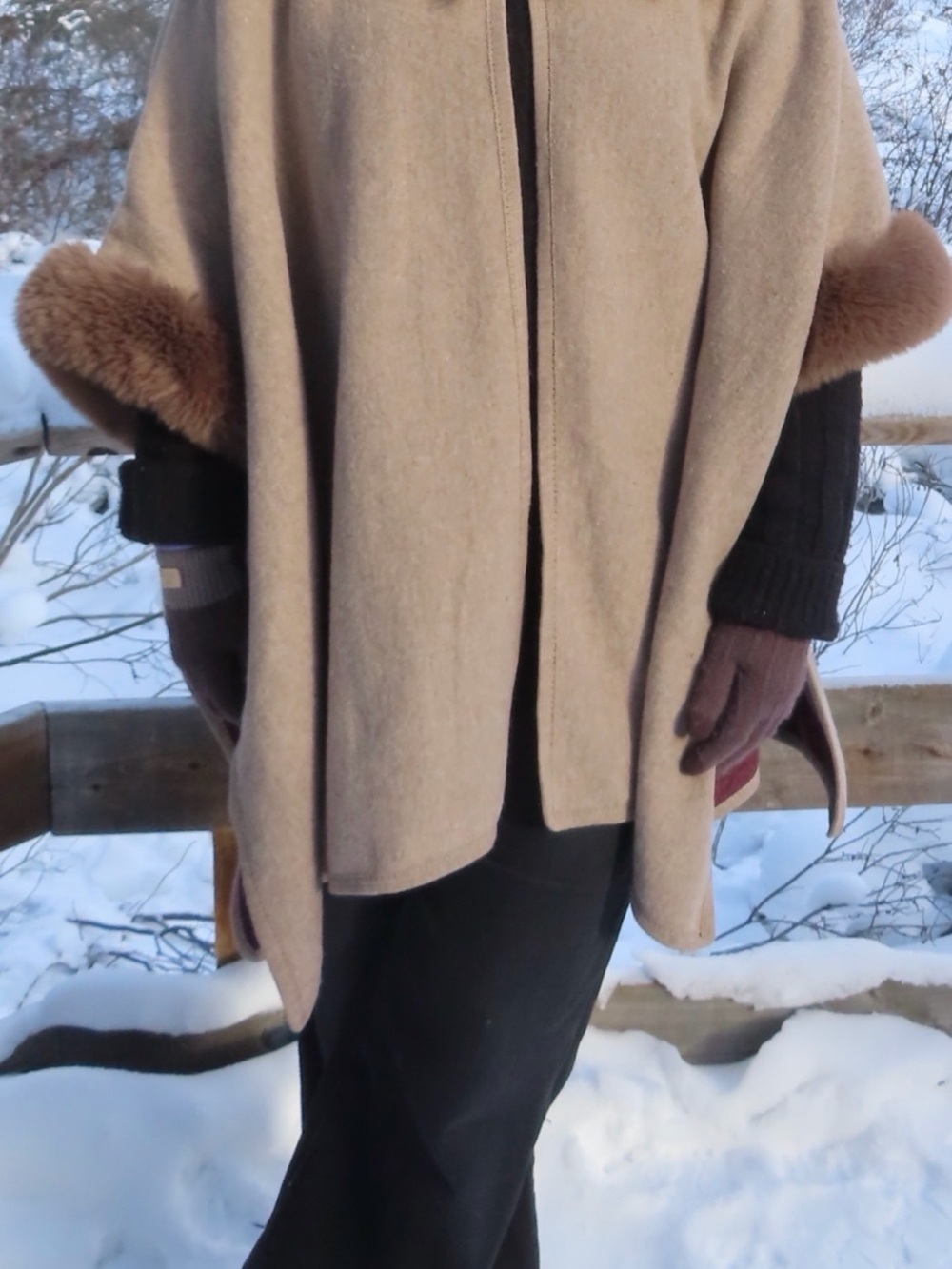Womens Beige Wool Cape Coat with Fur Trim